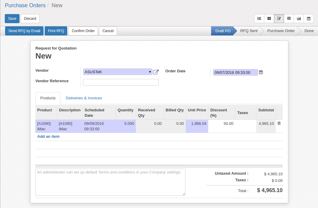 Purchase order lines with discounts